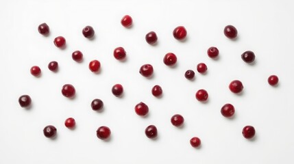 Cranberries scattered lightly across a clean white surface in a visually appealing arrangement of fresh red and dark red fruits with subtle shadows and soft natural