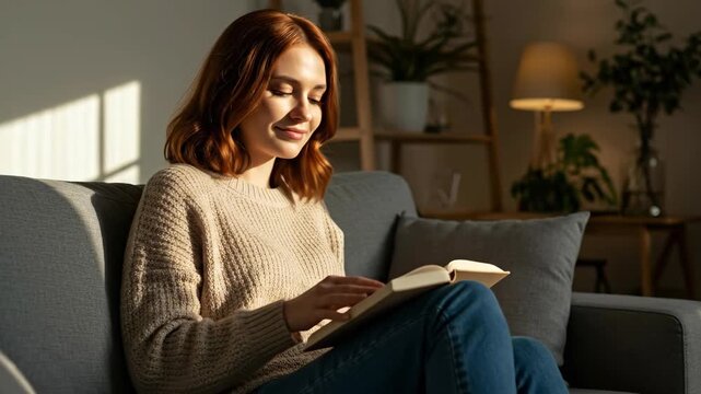 Woman reading a book and looking away from page on sofa in living room. Leisure activity at home with natural light.