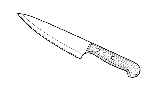 Professional chef knife with a sharp blade and wooden handle is depicted in a clean black and white line art illustration for culinary use.