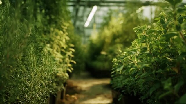 Medium shot capturing aromatic indoor herbs in a climatecontrolled greenhouse highlighting the sensory healing benefits of scented foliage