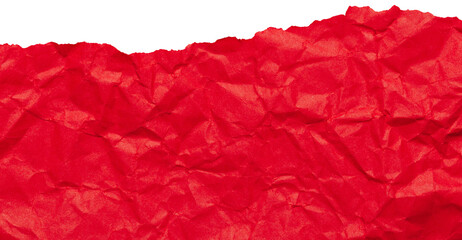 Ripped edge of scarlet red crumpled paper, isolated textured scrap for collage in bright colors