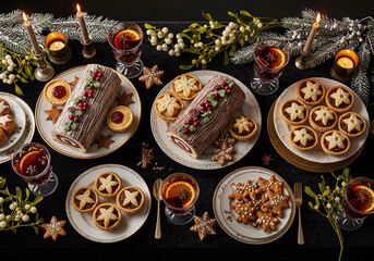 Festive Christmas dessert table with Yule log cakes mince pies and mulled wine in elegant setting - with copy space