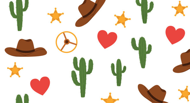 Western themed seamless pattern featuring cowboy hats, cacti, sheriff stars, and red hearts on white background.