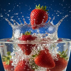 Strawberries create splash in water, showing freshness and movement