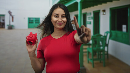 Woman holding red piggy bank with outstretched hand, pointing finger and raised palm stop gesture...
