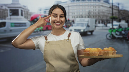 Woman in apron holding tray of muffins points finger to head on a busy street; small business local playful.