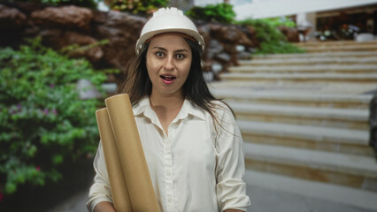 Woman architect wearing hard hat holding rolled plans with mouth open near building; surprise...