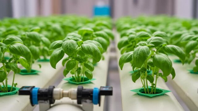 Green basil plant growing in a hydroponic system. Organic cultivation of herbs in a controlled environment for sustainable agriculture.