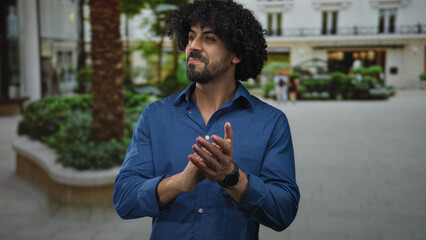 Man with curly hair clapping hands outdoors in front of a building and plaza, smiling while applauding; applause celebration.