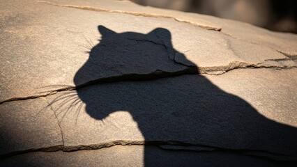 Shadow of a majestic big cat with sharp features cast on a textured stone surface.