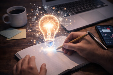 Businessman holding a notebook with a glowing light bulb symbolizing ideas and innovation