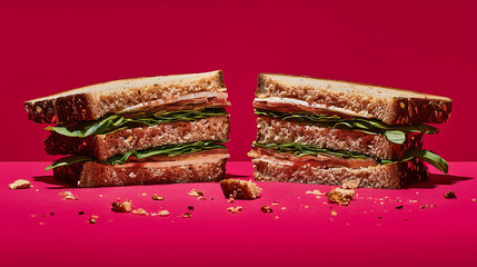 Fresh Stacked Club Sandwich Halves with Lettuce and Meat on a Vibrant Magenta Background, Modern Food Photography