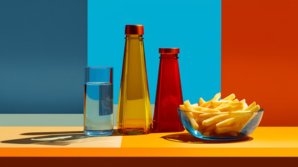 Minimalist Still Life of French Fries and Colorful Glass Bottles with a Glass of Water against a Vibrant Geometric Background