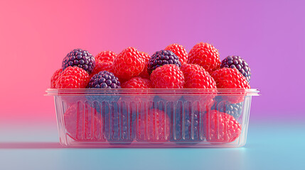 Fresh Raspberries and Blackberries in a Clear Plastic Supermarket Container against a Pastel Pink and Blue Gradient Background