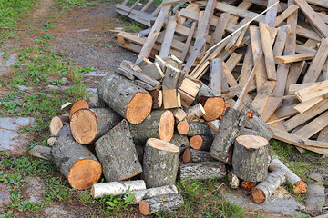 Chopped birch firewood in a pile outside. Preparing firewood for winter heating in a Russian village, an environmentally friendly fuel. Environmental protection concept, industriousness in the village