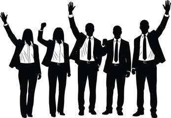 Fototapeta premium Successful business team silhouettes raising hands together isolated on white 
