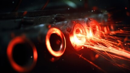 a red hot exhaust manifold glowing in the dark, intense heat visualization, sparks, industrial aesthetic, sharp focus
