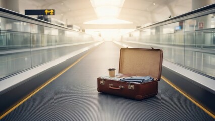 Vintage suitcase left open on a moving walkway in a bright, modern airport terminal.