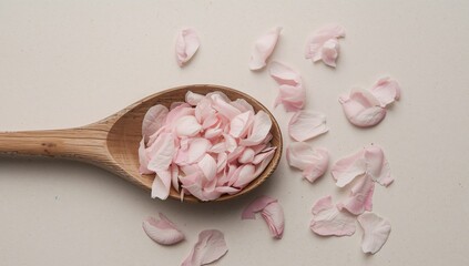 Pink Petals on a Wooden Spoon. Soft Textures and Delicate Hues Create a Simple Still Life.