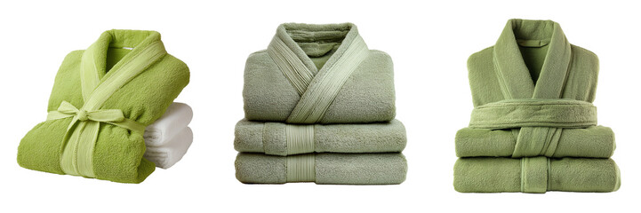 Set of Luxury cotton bathrobe unisex plush robe neatly displayed soft terry texture on transparent png background. Ai generated