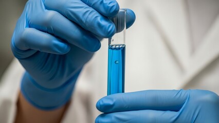Scientist in blue gloves carefully holds a small glass vial filled with bright blue liquid, showcasing research and discovery.
