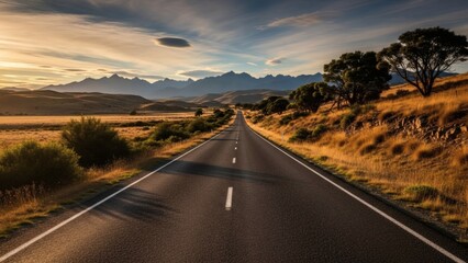 Open road stretching towards distant mountains under a vast, dramatic sky at sunset.