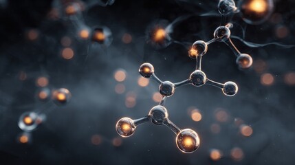 abstract 3D visualization of methane molecules, glowing spheres, dark graphite background, scientific and sleek