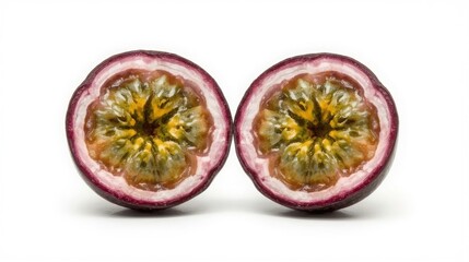 Halved passion fruits exposing intricate pulp on white background, showcasing tropical fruit's vibrant colors and texture, ideal for food and culinary concepts