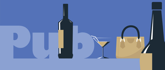 Bar poster, restaurant banner, bachelorette party, hen party, alcohol bottles, glass, and purse. Vector illustration of a festival concept, drinks, white wine, red wine, martini, cocktail, and chardon
