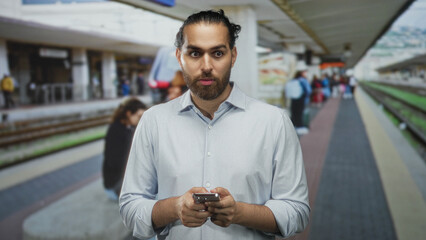 Man texting on smartphone with hands visible at train platform street, looking down at device; commuter focus.