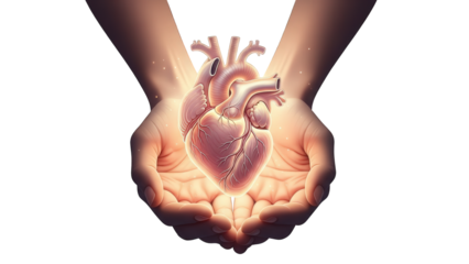 A pair of hands cradling a glowing human heart on transparent background