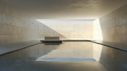 Modern minimalist architecture with reflective pool and natural stone