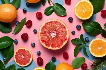 Fresh citrus and berries creating healthy colorful fruit pattern