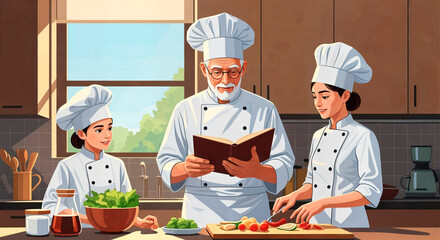 Elderly chef teaching young chefs cooking in a warm kitchen  