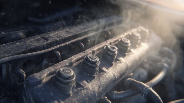 close up of an ignition coil pack, dusty engine bay, realistic textures, sunlight hitting the plastic surface