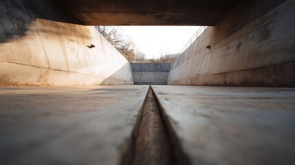 Urban concrete underpass with linear perspective and geometric shadows