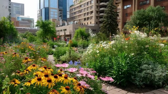 Urban pollinator garden framed by city buildings featuring butterflyfriendly plants thriving in small green spaces.