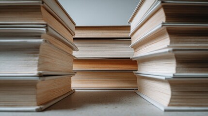 Stack of books with visible pages creating a symmetrical pattern
