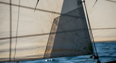 Sunlit sailboat sails gently billowing, showcasing intricate fabric textures and rigging against the shimmering blue ocean, inspiring tranquil maritime adventures