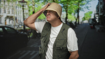 Man in green fishing vest and beige bucket hat scratches his head with visible forearm, squinting beside a parked car on a tree lined city street; confusion.