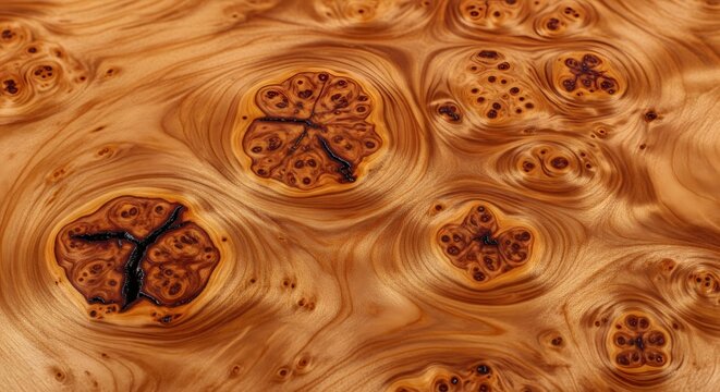 Mesmerizing natural wood burl texture, a detailed close-up revealing intricate swirling patterns, dark knots, and warm earthy tones, perfect for rustic designs