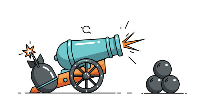 A stylized cartoon cannon is shown firing with a lit bomb and stacked cannonballs, illustrating concepts of attack, power, and danger.