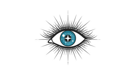 Mystical stylized blue eye illustration with a prominent star pupil, surrounded by detailed eyelashes and radiating light.