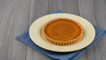 Simple Circular Dessert, Beige Plate and Folded Blue Napkin, Wooden Surface