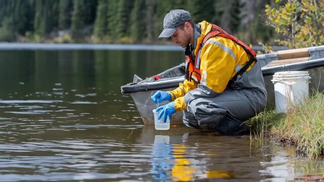 Environmental specialist collecting water samples from lake preparing to analyze chemical biological and turbidity factors for pollution assessment.