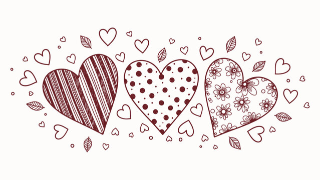Three beautiful hand drawn hearts with different patterns Vector, illustration