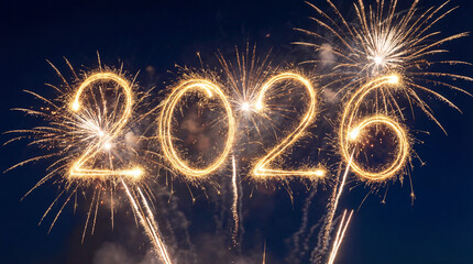 Golden Fireworks Forming 2026 New Year Celebration Numbers in a Dark Night Sky with Sparkling Light Trails.