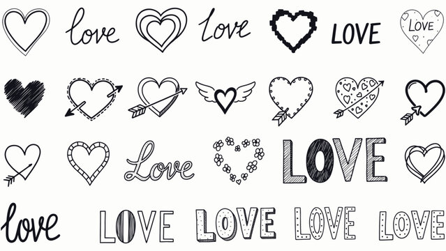 Collection of hand drawn heart and love typography elements Vector, illustration