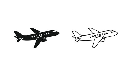 Simple black and white illustrations of airplanes in different styles