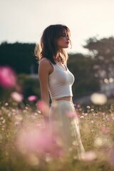 Young Woman Standing in Sunlit Flower Field during Golden Hour for Relaxation and Contemplation